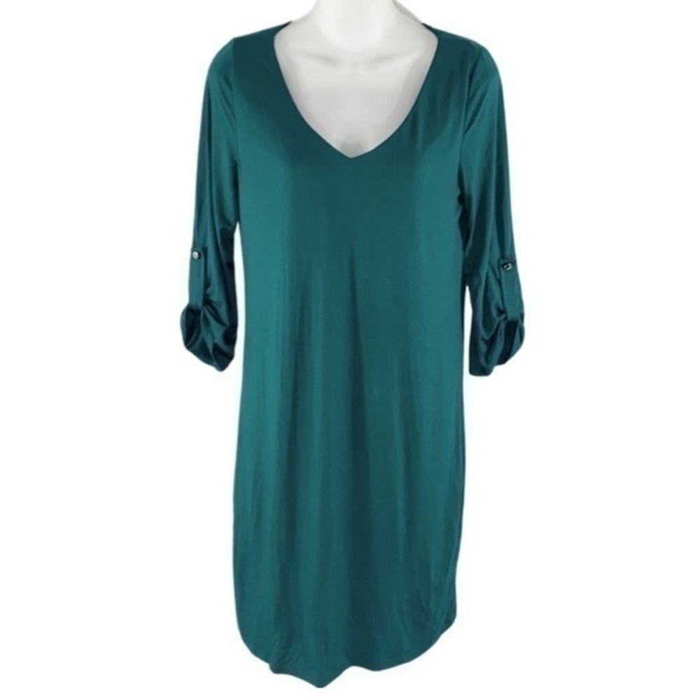 NWT PinkBlush dark green v-neck cuff sleeve dress KK30